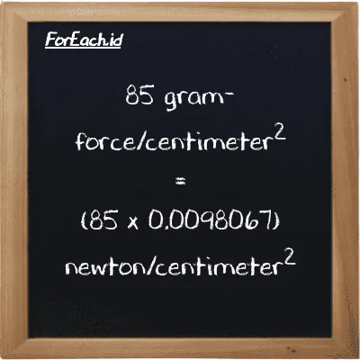 Cara konversi gram-force/centimeter<sup>2</sup> ke newton/centimeter<sup>2</sup> (gf/cm<sup>2</sup> ke N/cm<sup>2</sup>): 85 gram-force/centimeter<sup>2</sup> (gf/cm<sup>2</sup>) setara dengan 85 dikalikan dengan 0.0098067 newton/centimeter<sup>2</sup> (N/cm<sup>2</sup>)